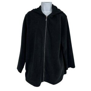 Quacker Factory Black Zip-Up Hooded Fleece‎ Jacket Rhinestone Zipper Pull Sz L